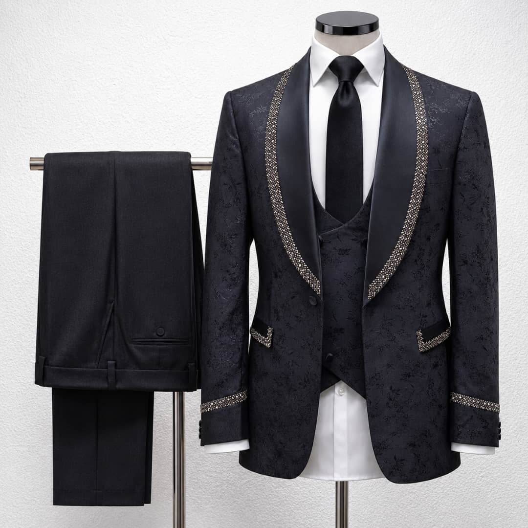 Costume de mariage noir col châle satiné