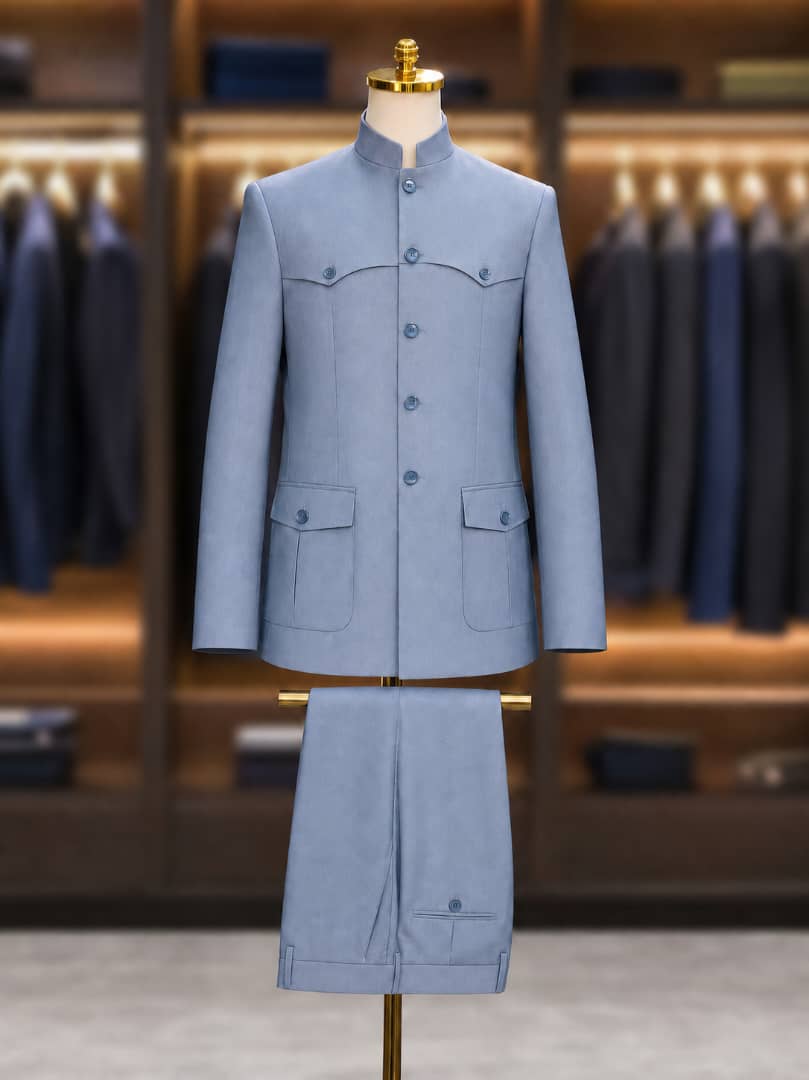 Costume col mao bleu ciel pour homme