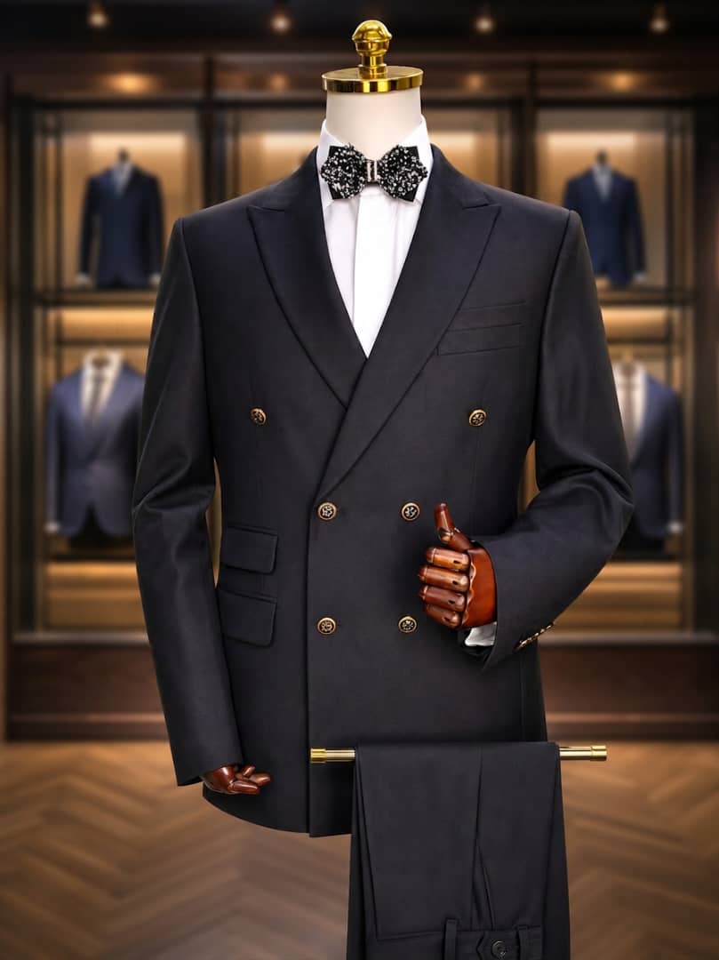 Costume croisé noir pour homme boutons dorés