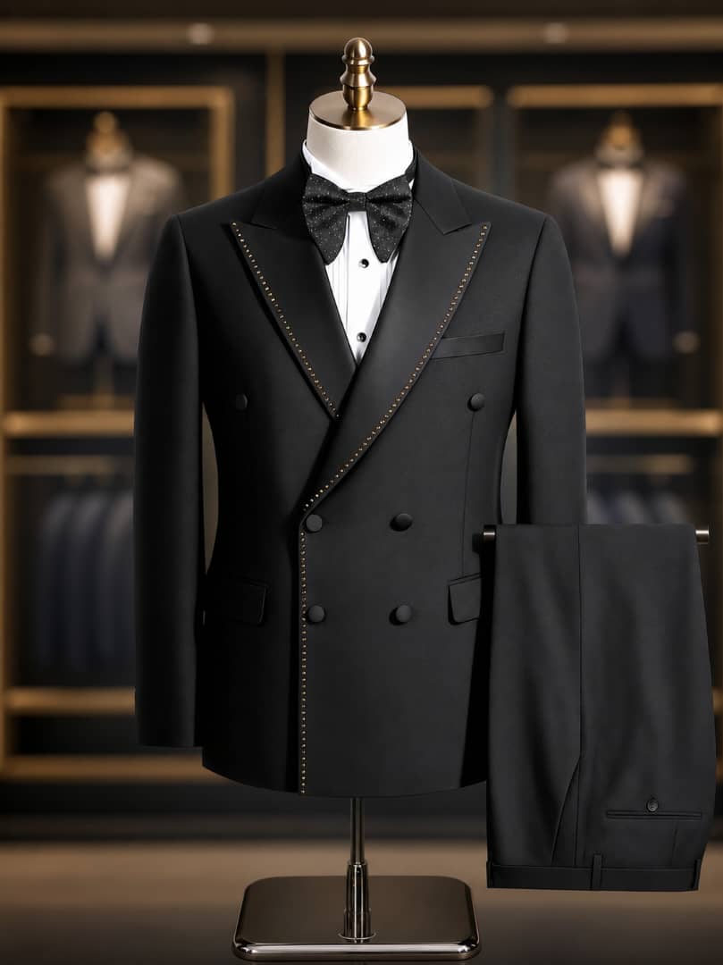 Costume croisé noir pour homme avec liseré doré